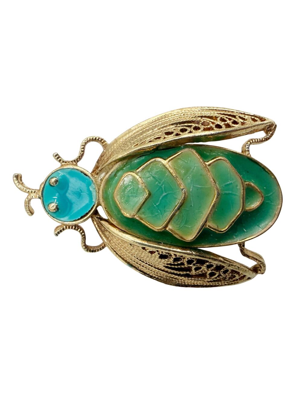 vintage blue green enamel gold filigree Bug BROOCH insect costume jewelry pin
